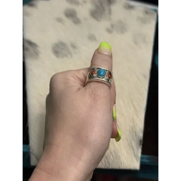 Joseph Esposito ESPO SIG 925 Sterling Silver Turquoise & Coral Wide Band Ring 7